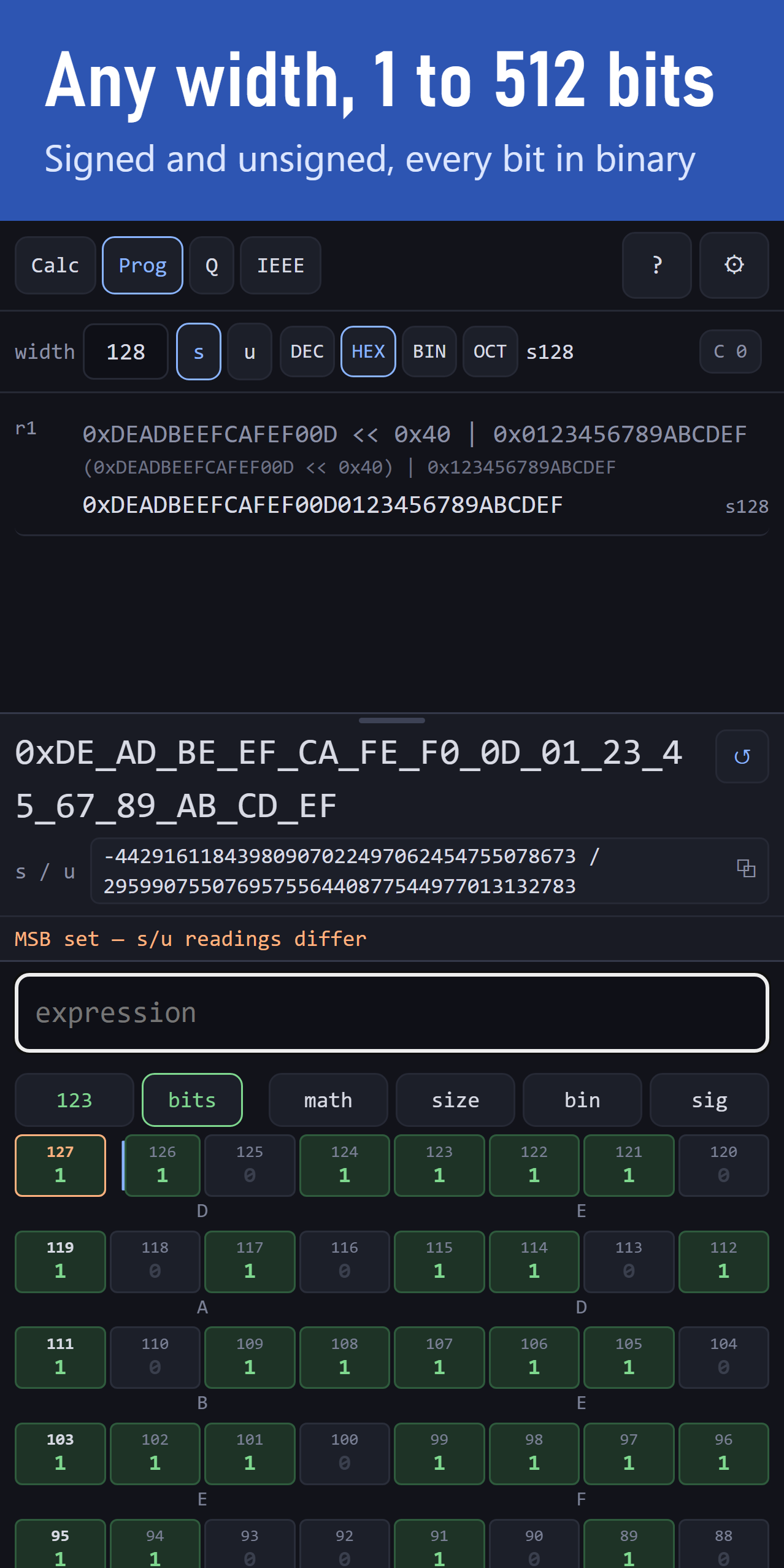 Bitwright on a phone in Prog mode at width 128: a hexadecimal result, its signed and unsigned readings, and the bit grid.