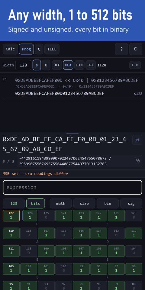 Bitwright on a phone in Prog mode at width 128: a hexadecimal result, its signed and unsigned readings, and the bit grid.