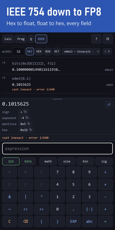 IEEE mode with binary32: the rows bits(0x3DCCCCCD, f32) giving 0.10000000149011611938… and e4m3(0.1) giving 0.1015625 with error 1/640, and the sign, exponent, mantissa and hex fields of the E4M3 result.