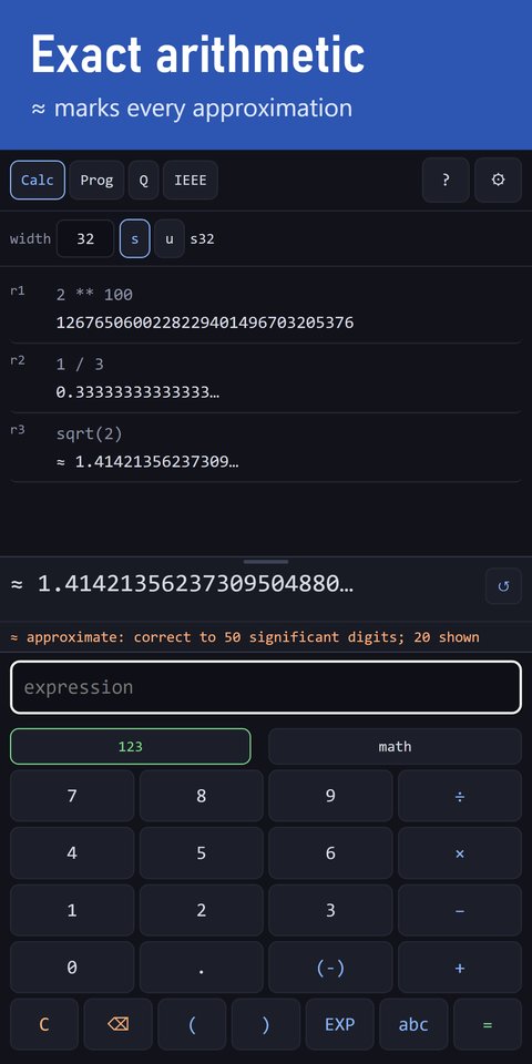 Calc mode: 2 ** 100 giving 1267650600228229401496703205376, 1 / 3 giving 0.33333333333333…, sqrt(2) giving ≈ 1.41421356237309…, and the flag that the result is approximate, correct to 50 significant digits.