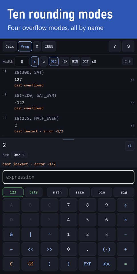 Prog mode at width 8: s8(300, SAT) giving 127 and s8(-200, SAT_SYM) giving -127, both flagged cast overflowed, and s8(2.5, HALF_EVEN) giving 2, flagged cast inexact with error -1/2.